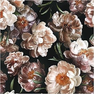 HAOKHOMEFloral Peel and Stick Wallpaper Peony Removable Black/Pink/Green Stick on Contact Paper Wild Mural 17.7in x 9.8ft