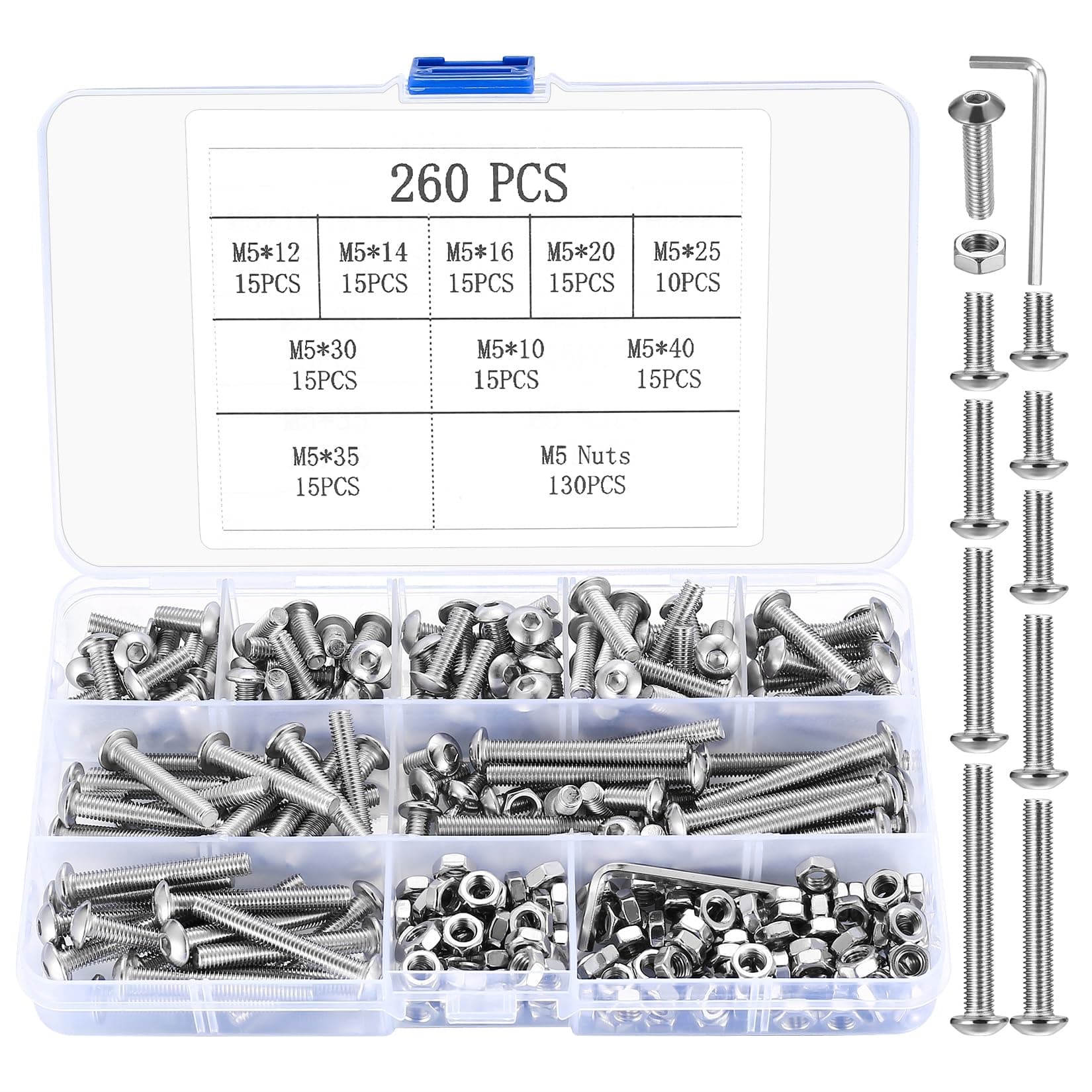 M5 Bolts and Nuts Set, 260 Pcs Hex Socket Head Cap Screws Nuts and Bolts Assorted Set, Round Head Pan Head Machine Screws Assortment Kit, Thread Fastener Hex Bolts and Nuts