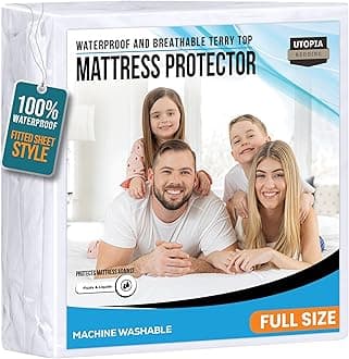 Full Size Mattress Protector Waterproof, Premium 200 GSM Terry Mattress Cover, Soft & Breathable Bed Cover, Fitted Sheet Style Stretchable Deep Pockets 15" by Utopia Bedding (White)