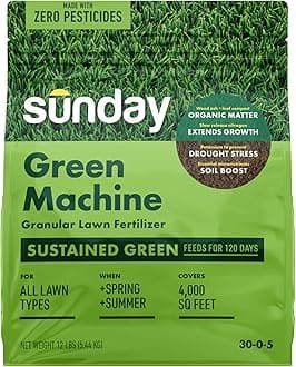 Sunday Green Machine Granular Lawn Fertilizer - 30-0-5 Mix for Up to 120 Days of Growth - Enriched with Potassium & Organic Matter for Soil Health & Extended Feeding - 12lbs - Covers Up to 4,000 Sq Ft