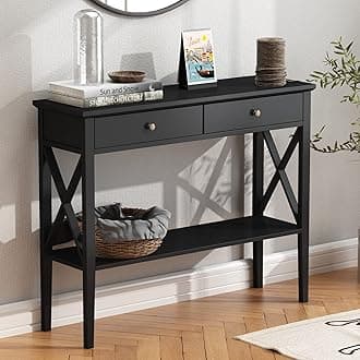 ChooChoo Console Table with Drawers, Narrow Wood Accent Sofa Table Entryway Table with Storage Shelf for Entryway, Front Hall, Hallway, Living Room, Black
