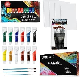 Crafts 4 All Acrylic Paint Set for Adults and Artists - 12 Pack of 12mL Paints with 12 Art Brushes & 4 Stretched Canvas Boards, Non-Toxic Craft Paint for Easter Eggs, Ceramic Rock Paint - Art Supplies