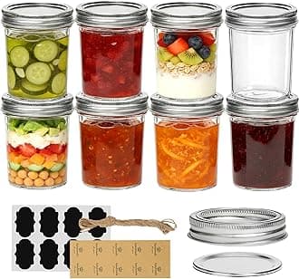 Mason Jars 480mL/16oz - 8 Pack, Mason Jars with Lids and Seal Bands, Glass Overnight Oats Jar, Glass Jars with Lids, Canning Jar for Pickling, Spice, Jam, Honey, Airtight Food Storage Container