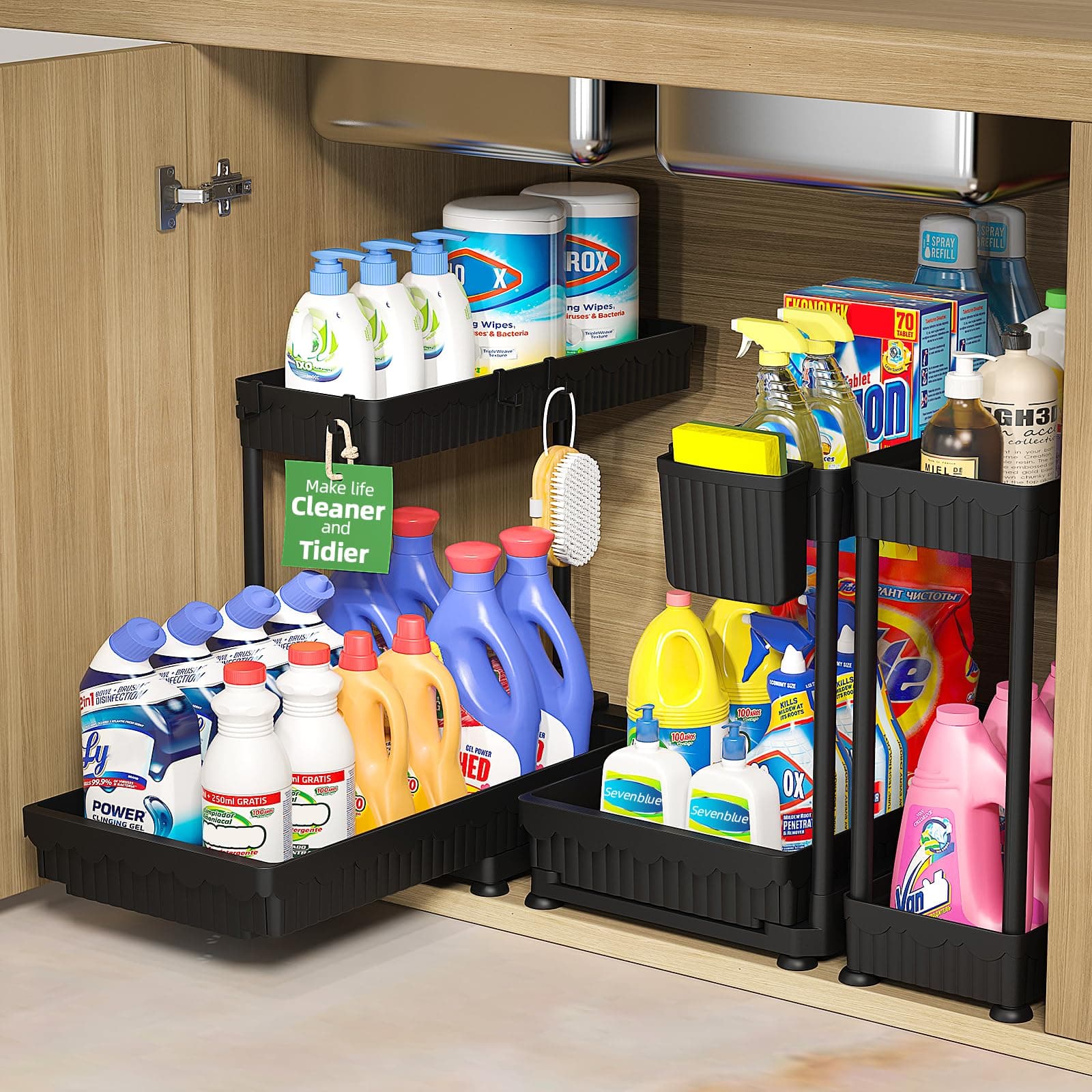 3 Pack Multi-Purpose Pull-Out Storage Organizers, 2-Tier L-Shaped Under Sink/Cabinet Organizers and Storage for Bathroom & Kitchen, Black, 12.8 Inches