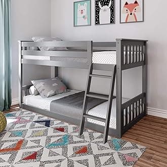 Max & Lily Twin Over Twin Low Bunk Bed with Ladder, Wooden Bunk beds with 14” Safety Guardrail for Kids,Toddlers, Boys, Girls, Teens, Bedroom Furniture, Grey
