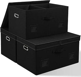 75 Quarts Extra Large Decorative Storage Bins with Lids, 3 Packs Black Collapsible Storage Bins with Lids, Stackable Storage Bins Decorative Box Storage With Lid Extra Large