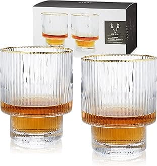 Meridian Lowball Glasses Set of 2 - Premium Crystal Clear Vintage Drinking Tumblers for Whiskey, Scotch & Bourbon in Art Deco Ripple Glassware Design, Gold Rimmed Glassware Gift Set, 12 oz
