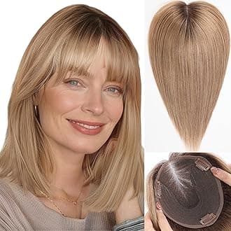 starluck 6x5 inch Large Swiss Base SilkHug 14 Inch Real Human Hair Toppers,60 Gram, 100% Real Human Hair Toppers for Women with thinning (Ombre Light Brown,with Bangs)