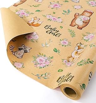 Baby Girl Kraft Wrapping Paper Roll - 1 Roll 17” x 33 ft Baby Shower Wrapping Paper for Girls Kids Birthday Gift Wrap Supply Woodland Animals Design New Born Party Favor