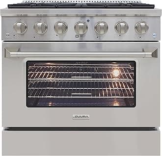 Gas Range Cooktop with Porcelain Convection Oven and Broil Function, 6 Sealed Burners and Continuous Grates with Stainless Steel Construction, 36-Inch, Silver