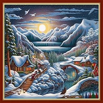 Findvoor Stamped Cross Stitch Kits for Beginners Full Range of Cross Stitching Embroidery Pattern for Adults, 11CT DIY Needlepoint Embroidery Starter Kits-Snow Scenery 17.7x17.7 inch