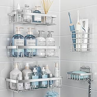 5 Pack Shower Caddy Organizer Rack Shelf for Inside Shower, Self Adhesive Bathroom Wall Storage Basket Rustproof Stainless Steel Large Capacity Shampoo Holder, Silver