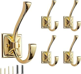 CABDM 5 Pack Decorative Heavy Duty Towel Hooks for Hanging Robe Double Polished Brass Coat Hooks Wall Mounted with Screws for Key, Towel, Bags, Cup, Hat