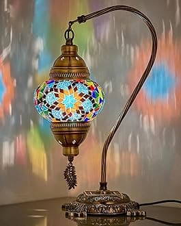 DEMMEX Turkish Moroccan Mosaic Table Lamp–Handcrafted Tiffany-Style Colorful Glass Swan Neck Bedside, Desk Light, Boho Artisan Accent Lighting for Bedroom, Living Room–38cm H, Blue&Multi