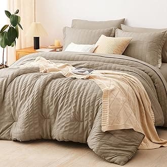 CozyLux Queen Comforter Set Taupe Seersucker 7 Pieces Bed in a Bag Queen Comforter Set with Sheets, Luxury Soft Bedding Set with Down Alternative Comforter, Sheets, Pillowcases & Shams for All Seasons