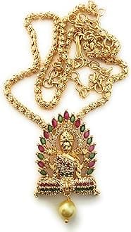 SasitrendsTraditional Gold Plated AD Stone Studded Pendant Chain Necklace for Women