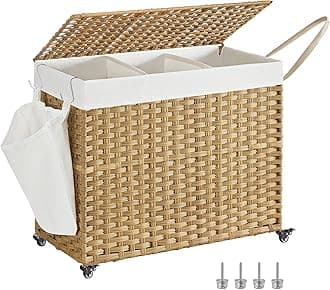 Laundry Hamper with Lid, 42.3 Gallons (160 L), Rolling Laundry Basket with Wheels, 3-Section Synthetic Rattan, Removable Liner, Bedroom, 29.9 x 13 x 26 Inches, Natural ULCB365N01