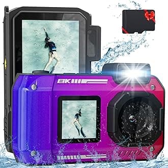 fohoa 8K 70MP Digital Camera with 64G Card, 33FT Underwater Camera Waterproof Rugged Dustproof Shockproof for Snorkeling Diving, Selfie Dual-Screen Point and Shoot Digital Camera(Gradient Purple)