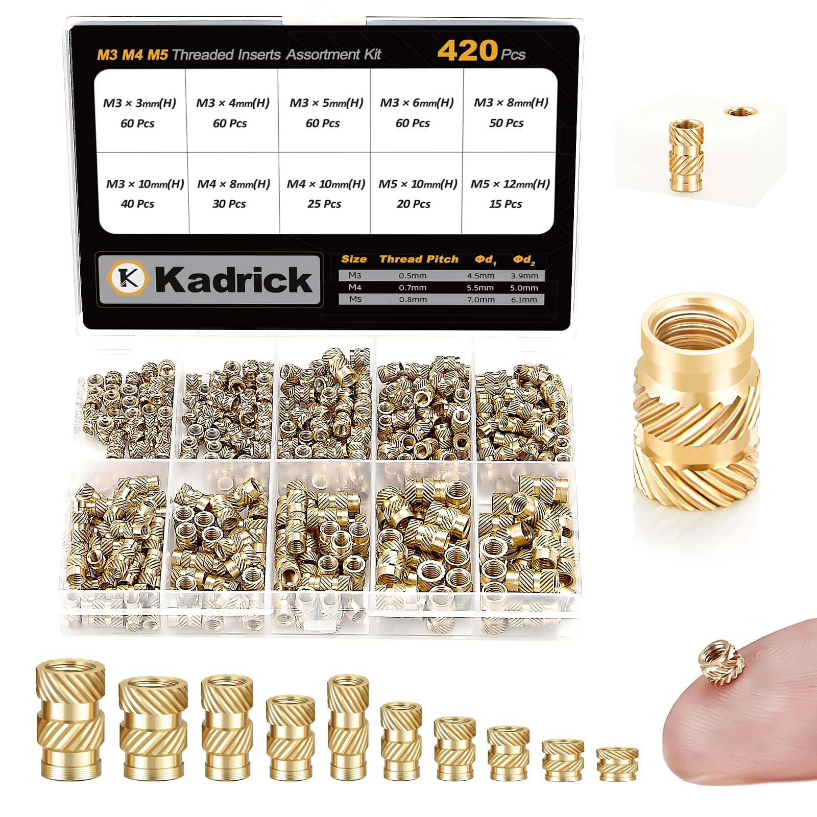 420Pcs M3 M4 M5 Threaded Inserts Assortment Kit for 3D Printing Components, Metric Brass Knurled Nuts, Insert by Heat into Plastic Parts