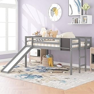 GLCHQ Multifunctional Design Solid Wood Twin Kids Loft Bed with Slide for Boys & Girls Bedroom (Gray with Chalkboard)