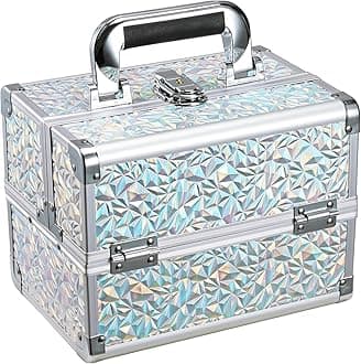 Makeup Train Case Makeup Case Organizer Portable Cosmetic Box Storage with 2 Trays Mirror Locking with Keys Make Up Travel Case Nail Kits Traveling Makeup Box Shiny Silver