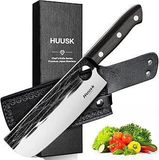 Huusk Japanese Nakiri Knife, 7 Inch Vegetable Chopping Knives with Full Tang Design, Hand Forged Cleaver with Ebony Handle, Japanese Kitchen Knife for Meat Cutting,Christmas Gift for Men and Women