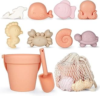 MarcZero 11Pcs Silicone Beach Toys,Modern Baby Beach Toys,Travel Friendly Beach Set,Silicone Bucket, Shovel, 8 Sand Molds, Beach Bag, Sand Toys for Toddlers, Kids (Peach)