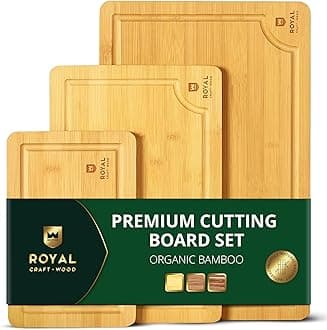 ROYAL CRAFT WOOD Cutting Boards for Kitchen - Bamboo Cutting Board Set of 3, Cutting Boards with Juice Grooves, Serving Board Set, Thick Chopping Board for Meat, Veggies, Easy Grip Handle