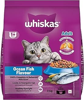 Whiskas Adult (1+ Years) Dry Cat Food, Ocean Fish Flavour, 3 kg, Contains 41 Essential Nutrients, Complete & Balanced Nutrition for Adult Cats