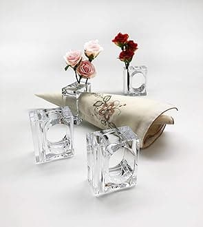 Set of 4 Napkin Rings Bud Vase Flower Holder, 100% FDA Compatible Food Container Safety Grade Clear Acrylic, Great Gift, Holiday Table Settings