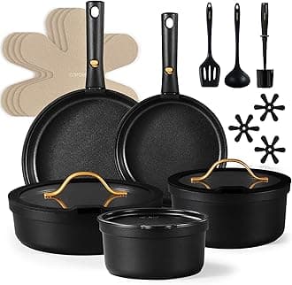 20pcs Pots and Pans Set Non Stick, Nonstick Cookware Set, Dishwasher/Oven/Fridge Safe Pots and Pans, Removable Handle RV Oven Safe Cookware, Induction Kitchen Set, Black
