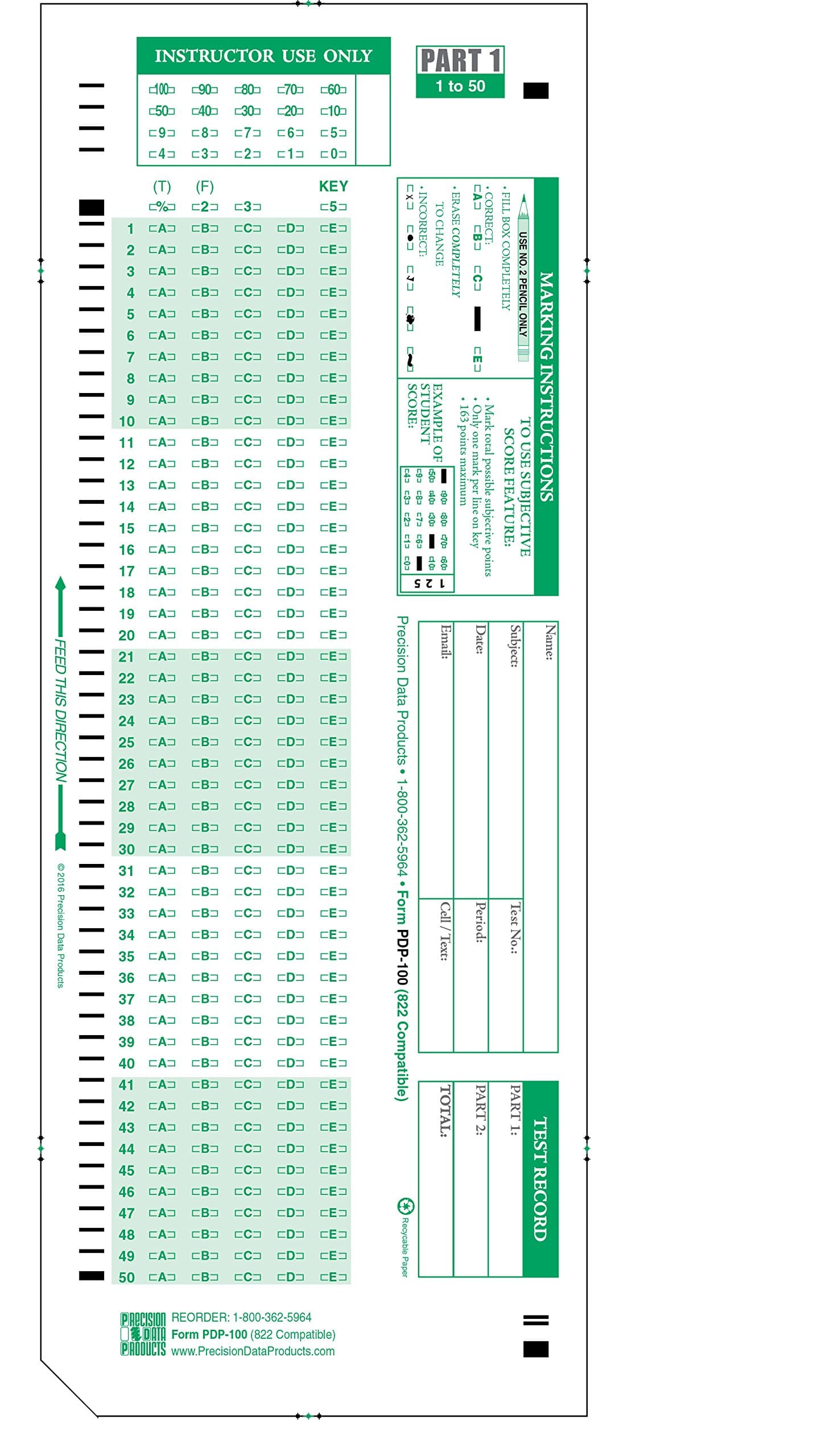 882-E Compatible Test Forms, PDP-100 Question Exam Sheet (Package of 500 Forms)