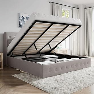 SHA CERLIN King Size Lift Up Storage Bed with Hydraulic Storage and Button Tufted Wingback Headboard, Wood Slats Support, Upholstered Platform Bed Frame, No Box Spring Needed, Light Beige