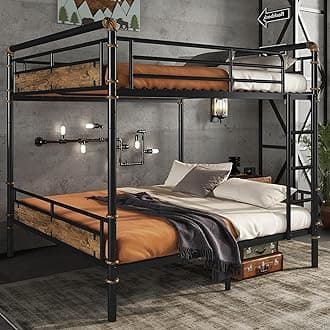 Industrial Queen Over Queen Bunk Bed,Heavy-Duty 2 in 1 Convertible Bunk Bed with Ladder and Slats Support,Metal Queen Bunk Beds for Adults Teens,15.9" High Guard Rail,Space-Saving,Black