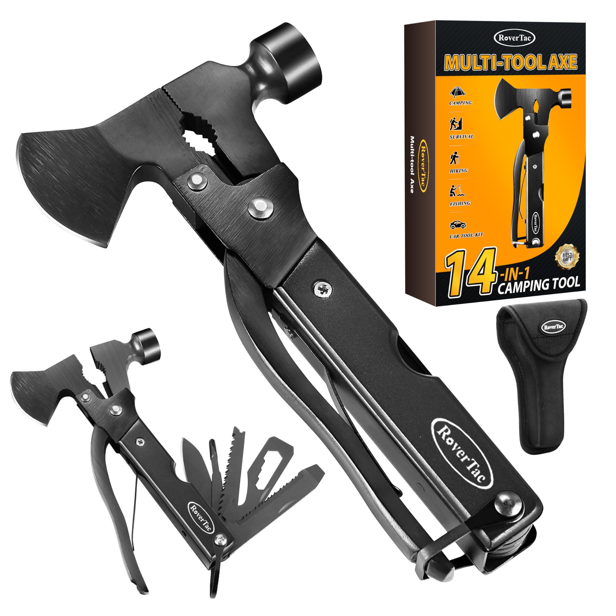RoverTac 14-in-1 Multitool Camping Axe – Multi Tool with Knife, Hammer, Saw, Screwdrivers, Bottle Opener – Camping Tool with Sheath – Tool Gifts for Men, Dad, Husband, and Outdoor Enthusiasts.