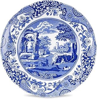 Spode Blue Italian 8-Inch Salad Dish - Fine Earthenware Serving Plate with Eastern Border Motif - Classic White Center - Microwave, Freezer, Oven, Dishwasher Safe, Great for Gifting