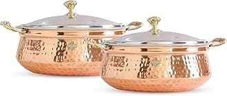 Indian Art Villa Steel Copper Hammered Design Handi/Bowl/Casserole with Toughened Glass Lid & Brass Knob & Handles, Volume-700 ml, Pack of 2