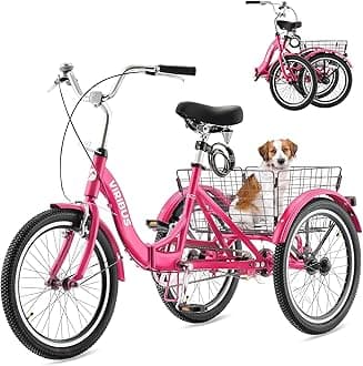 VIRIBUS Folding Adult Tricycle, 20 inch Foldable Tricycle for Adults with Single Speed, Collapsible 3 Wheel Bike with Basket for Women Seniors, 330lb. Fuchsia