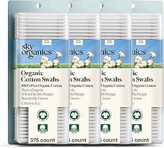 Sky Organics Organic Cotton Swabs for Sensitive Skin, 100% Pure GOTS Certified Organic for Beauty & Personal Care, 4 Pack