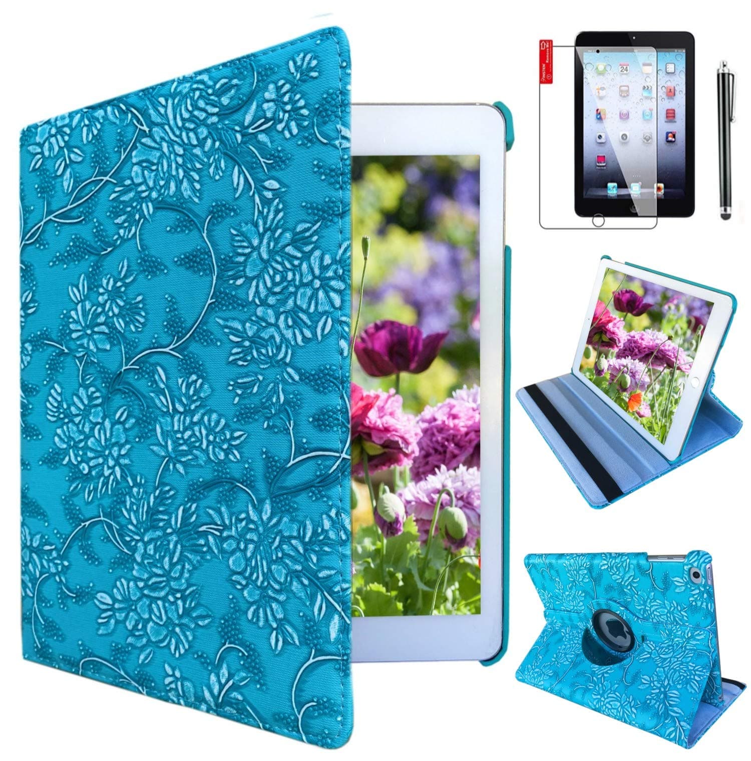 Case for ipad 4th 3rd 2nd Generation 9.7 inch (11Years ago Old Model) Model A1458 A1430 A 1416 with Screen Protector Stand Smart Covers Support Wake/Sleep (Blue-Embossed Flowers)
