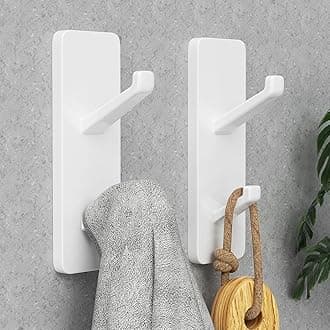 Self Adhesive Wall Hooks for Hanging: Stick-On Hooks Hold 13 LB, Coat and Towel Hook for Bathrooms, Shower, Door, Kitchen - Metal, White 2 Pack