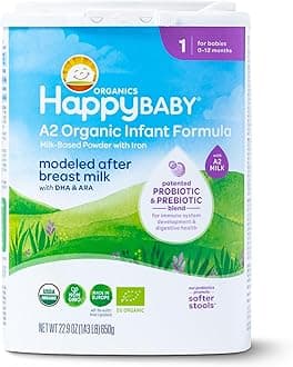 Happy Baby Organics Stage 1 A2 Infant Formula, 0 12 Months, Milk Based Organic Baby Formula Powder with A2 Milk, Probiotics & Prebiotics for Immune & Digestive Support, 22.9 Ounce (Pack of 1)