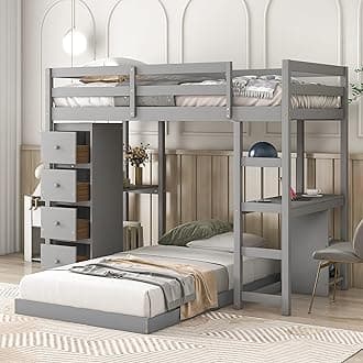 Twin Over Twin Bunk Bed with Built-in Desk and Shelves, Solid Wood Loft Bed & Floor Bed with 4 Storage Drawers and Safety Guardrail for Kids Teens Aldults, No Box Spring Required (Gray-F)