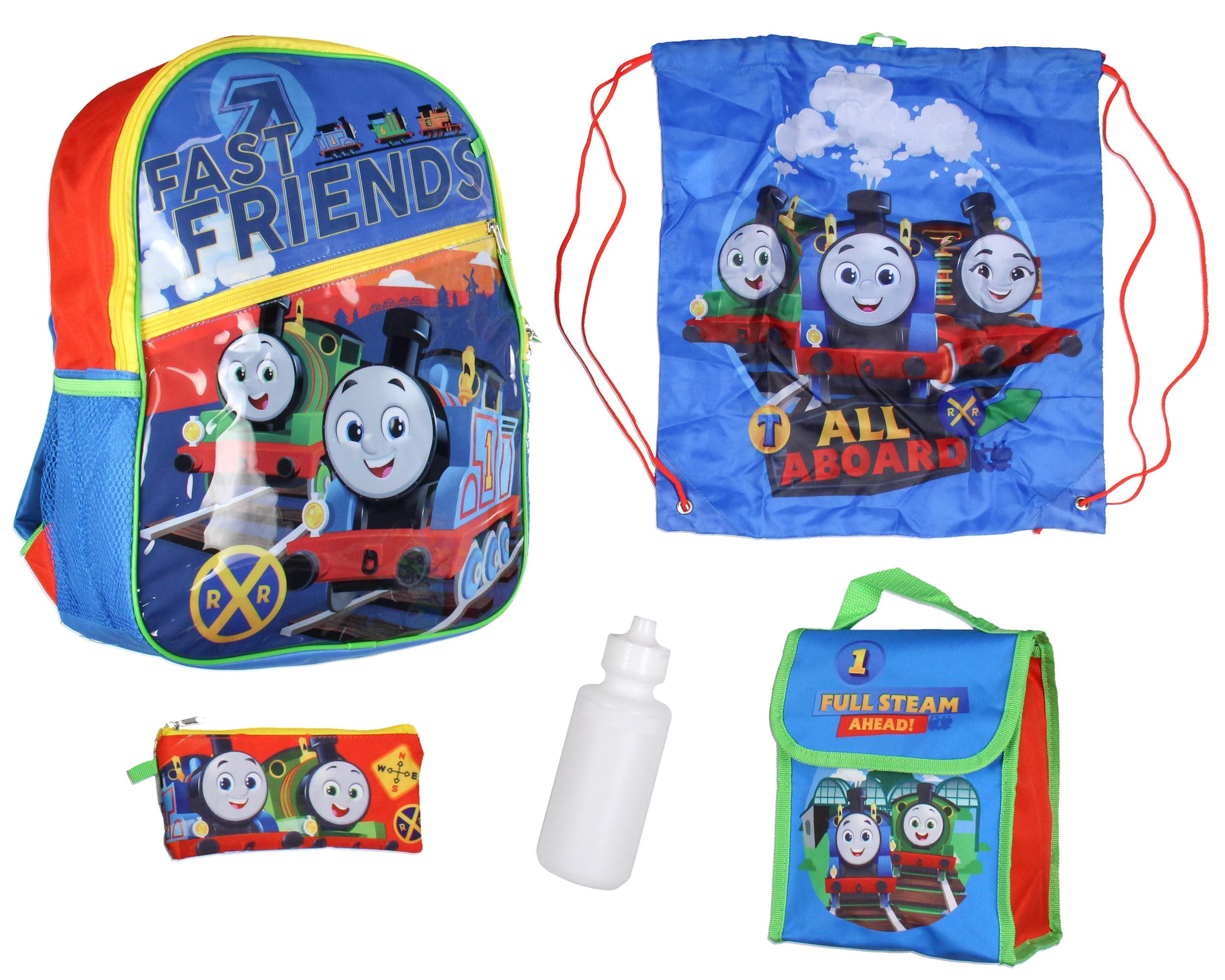 Thomas and Friends Backpack Thomas Train Fast Friends Backpack Set Lunch Box Pencil Case Water Bottle 5 Piece For Kids 16"