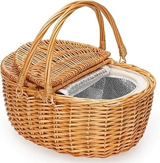 ZORMY Picnic Basket with Insulated Cooler & Lids, Wicker Picnic Basket, Vintage-Style Picnic Hamper with Folding Woven Handle for Picnic, Camping, Outdoor, Valentine Day, Thanks Giving, Birthday