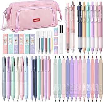 Nicpro 52PCS Aesthetic School Supplies with Cute Pencil Case, 12 Color Pastel Highlighter, 8 Gel Pens, 6 Multicolor Pen, 6 Mechanical Pencils 0.5 & 0.7 mm for Girls Student Stationary Set Preppy Stuff