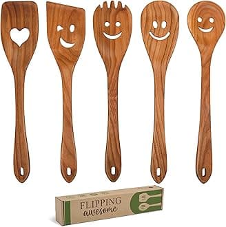 MFC 5-Piece Wooden Cooking Spoons - Kitchen Set from Natural Cherry Wood - Wooden Spoons for Cooking - Funny Utensil Set with Smiley Faces - Cooking Multipurpose Wood Utensils