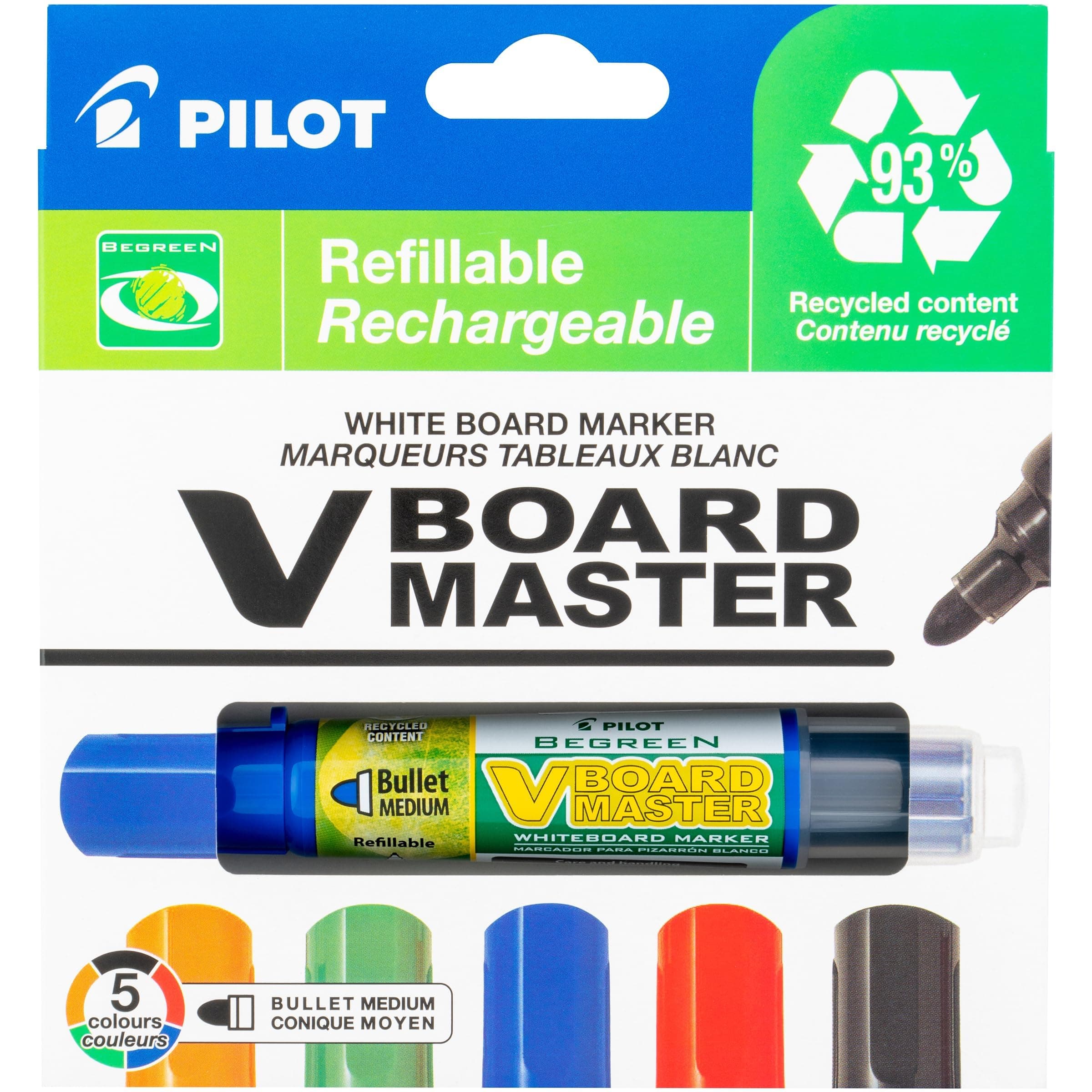 V Board Master Refillable Dry-Erase Markers, Bullet Tip, Assorted Color Inks, 5 Count