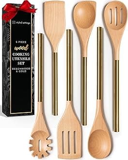 Wooden Utensil Set with Gold Stainless Steel Handles - 6 Piece Wooden Cooking Utensils for Nonstick Cookware - Stylish Wood and Gold Cooking Utensils for Modern Kitchens, Great for Gifting