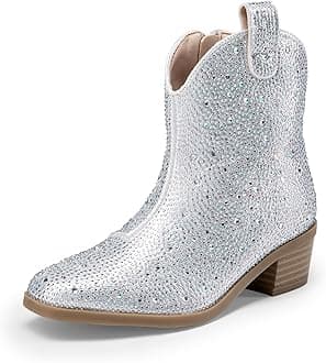 DREAM PAIRS Girls Cowgirl Cowboy Rhinestone Boots Ankle Low Heel Dress Booties